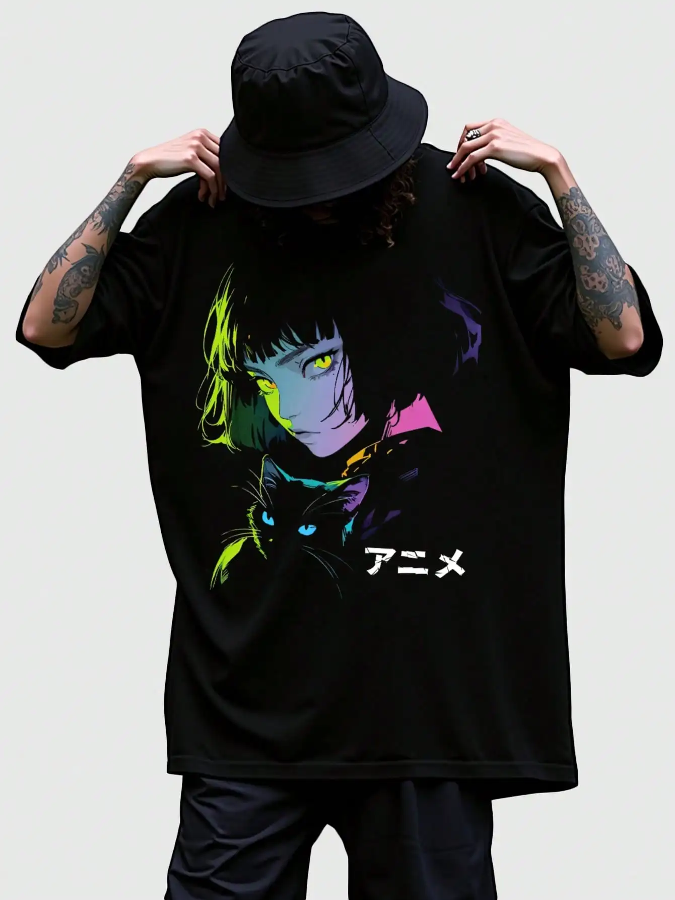 

ROMWE MEN Anime Men's Cartoon Cat Character Print Short Sleeve T-Shirt, School