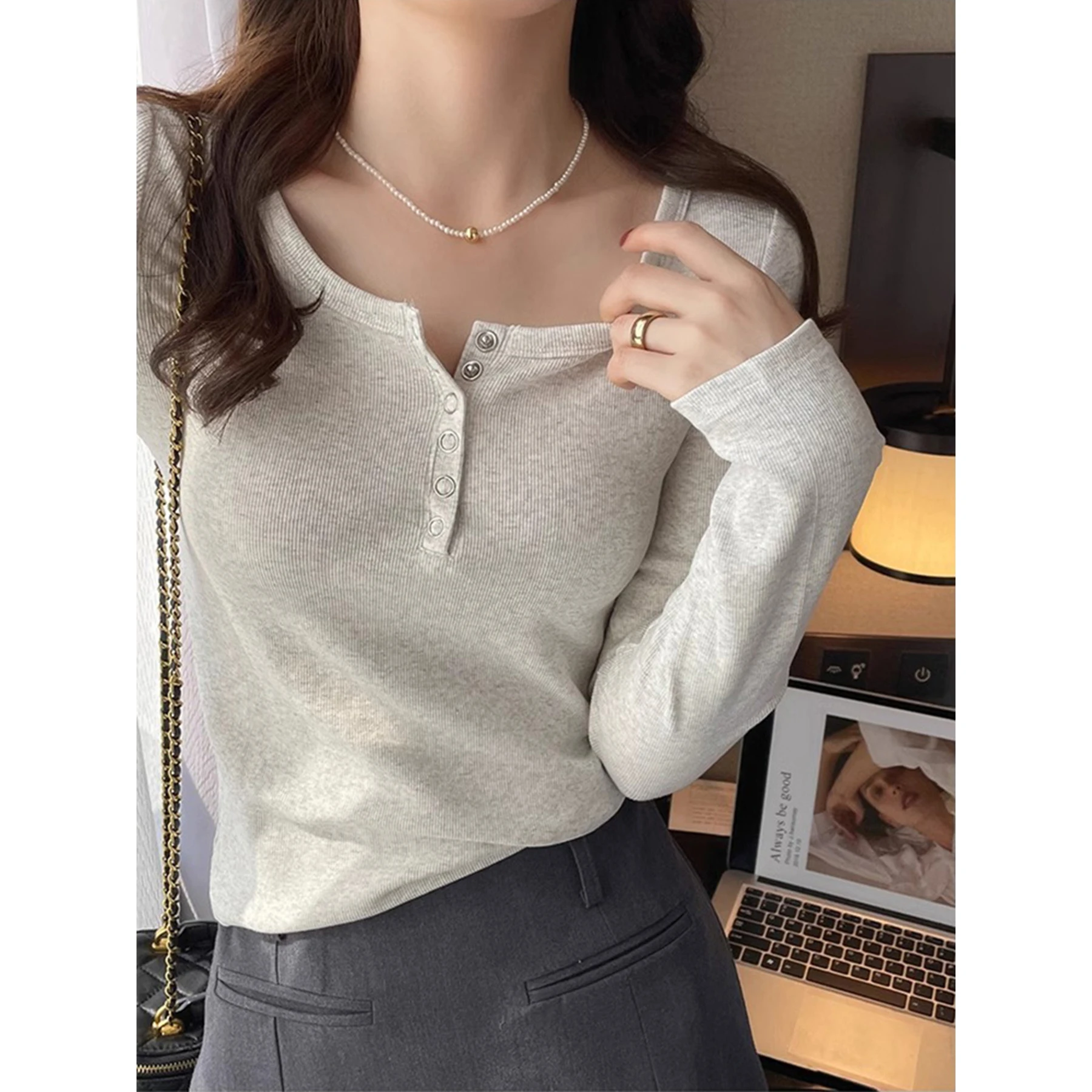 Spring Autumn Grey Ribbed Long Sleeve T-Shirt Women Loose Versatile Slimming Button up Base Shirt Inner Wear Top