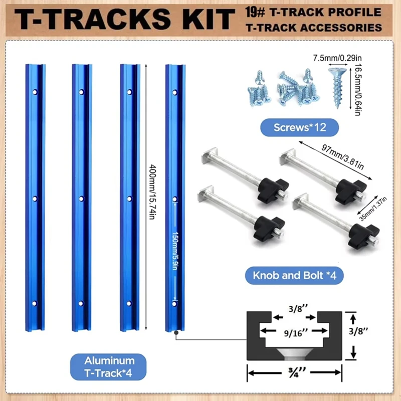 Woodworking 19 T-Track Kit and Accessories Aluminum T-Tracks Slot Miter Track for Router Table Workbench-A33R