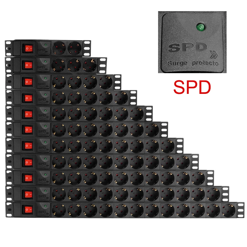 2/12 Unit PDU Network Cabinet Rack Power Strip Distribution 16A 250V European Standard Socket Outlet with Switch SPD 2M wire