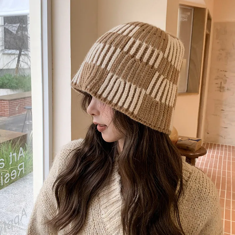 Pink autumn and winter color matching plaid knitted bucket hat striped dome warm wool hat women