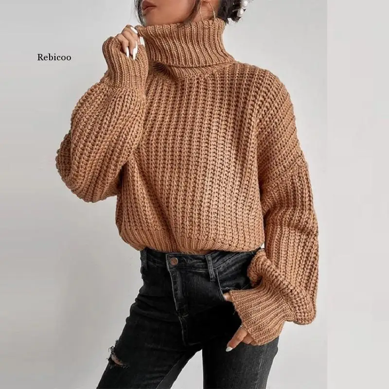 

Women Sweaters Autumn Winter Turtleneck Spliced Pullover Solid Color Loose-fitting Knitted Tops Elegant Sweaters Women Jumpers