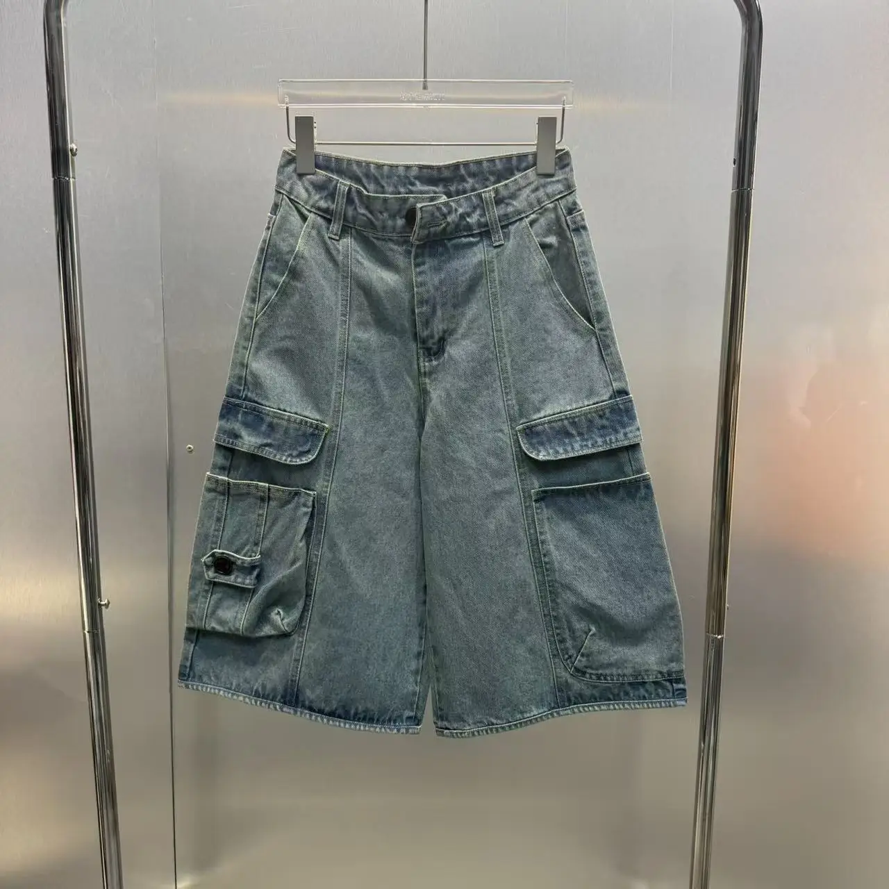 

Washed Denim Five-Point Pants Large Pocket Workwear Vintage Design Summer New Arrival Women's Loose Fit Jeans Natural Waist