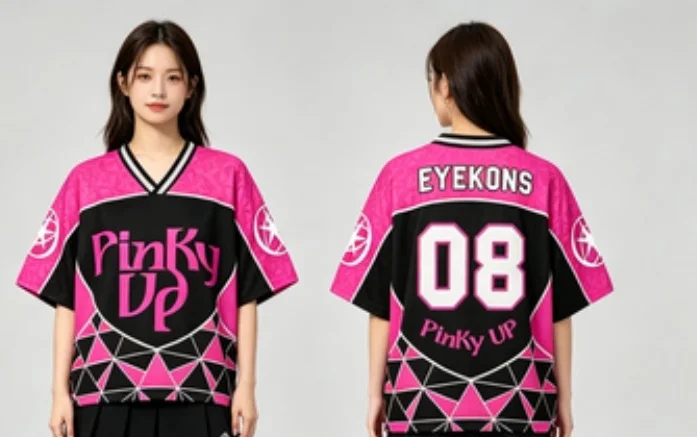 Family Replica Sport Jersey, Pink‑Black Color‑Block V‑Neck Short‑Sleeve Mesh Top,Breathable Polyester, Casual Fan Tee
