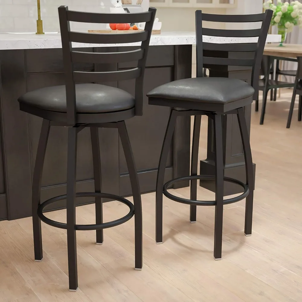 2 Pack Black Ladder Back Swivel Metal Barstool, Black Vinyl Seat, Customized