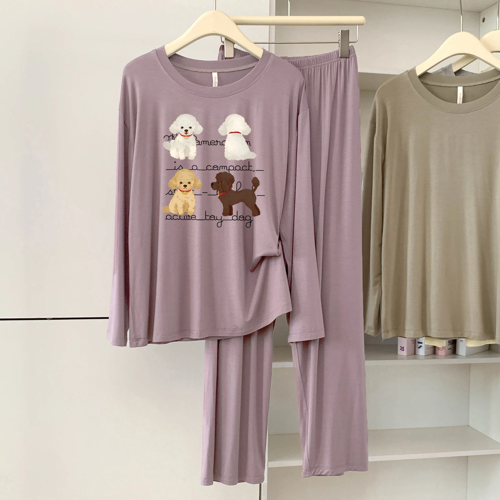 5183-03 بيجامة مشروط للنساء، طراز جديد للربيع والخريف، كاجوال، بسيط، لون خالص، رقبة دائرية، أكمام طويلة، مريح