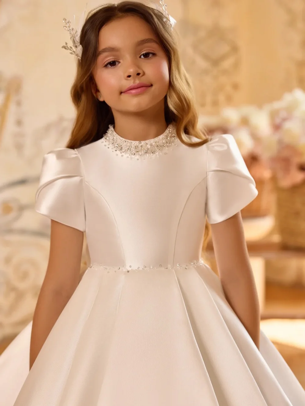 New Arrival Luxury Satin Short Sleeve Flower Girl Dress Kids' Crystal Embellished Formal Pageant Wedding Ball Gown with Train