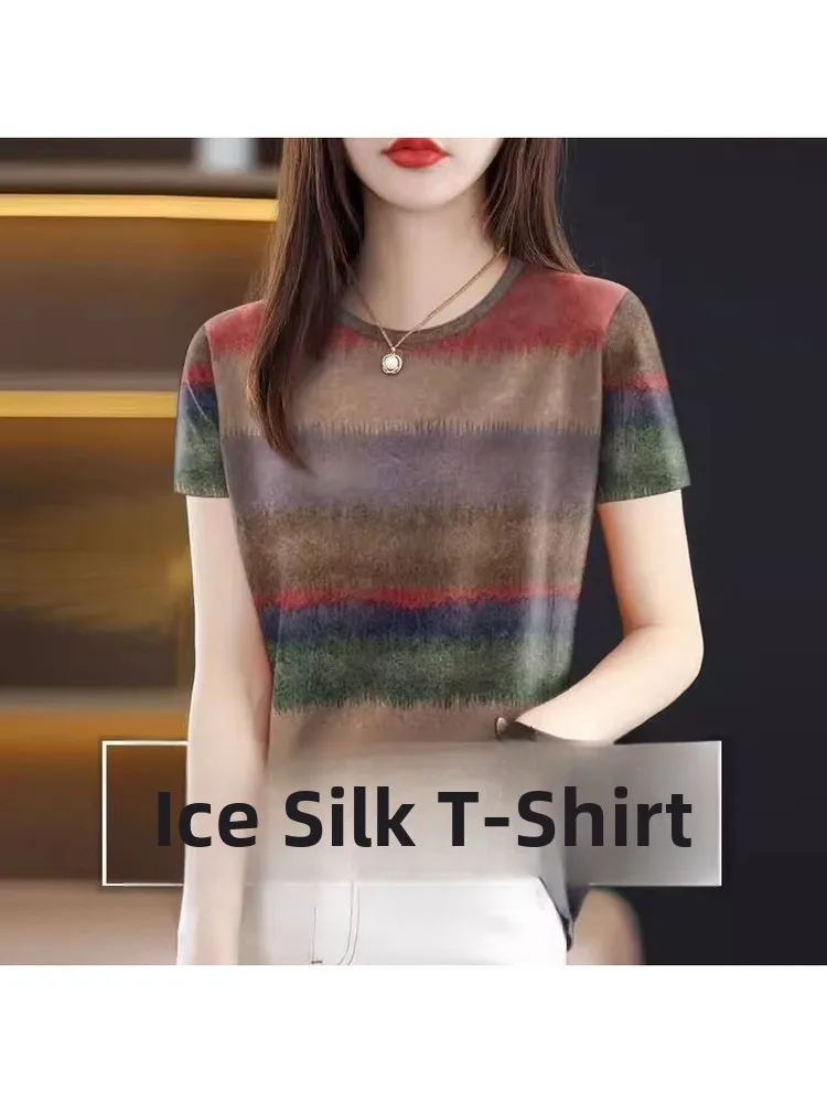 Ice Silk Short Sleeve T-Shirt Women's Printed Loose Fit round Neck Top Korean Style Belly Covering Wind Chaser Summer Shirt