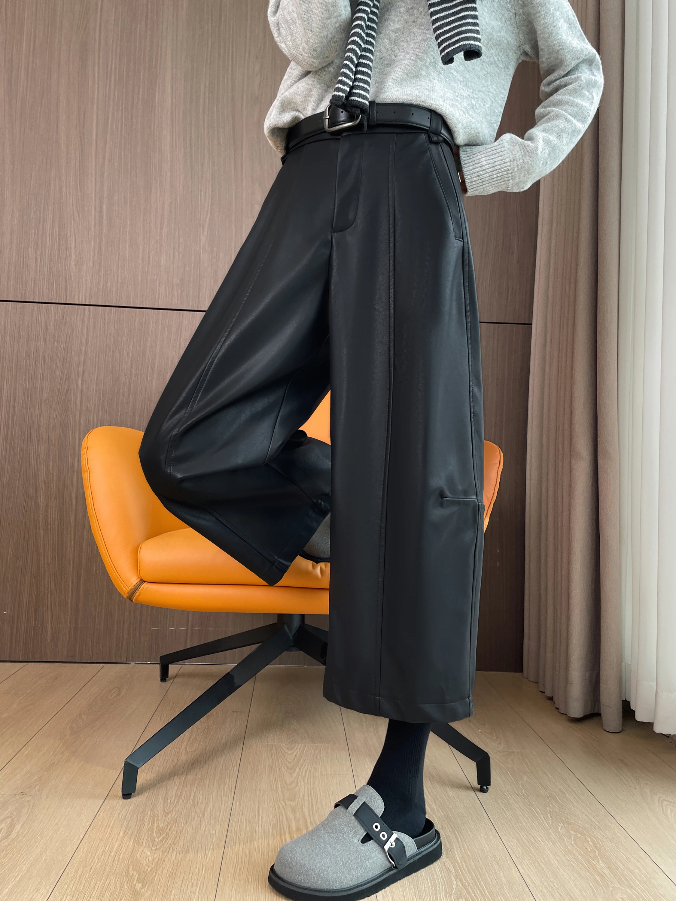 Bla PU-Leder Weite Hose für Damen, Coole Herbst-Winter Slim-Fit Dreiviertel-Hose, Lässige High-Waist Hose mit Reißverschluss