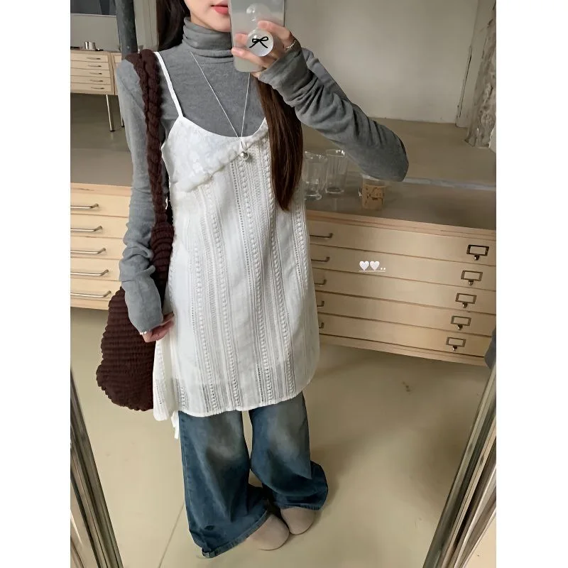 Frühling Herbst Unregelmäßige Einteilige Beige Spitze Ärmelloses Kleid Frauen Cover Up Layered Kurze Mini Slip Kleid Nette Hosenträger Kleid