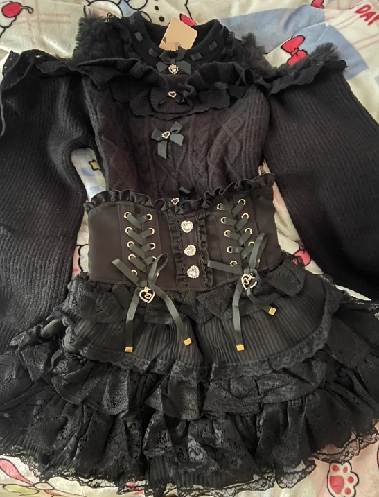 

Новый осенне-зимний японский сладкий трикотаж в стиле Лолиты с пушистым бантом, свитер с открытыми плечами и длинными рукавами, черный, розовый пуловер, вязаный топ