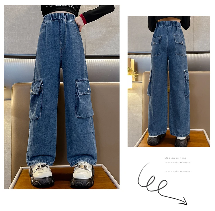Vintage blaue Cargo-Jeans für Mädchen im Teenageralter, gerade geschnitten, mit Seitentaschen, Kinder-Mode, Street-Style, Jeanshose für Teenager. – Detail 4
