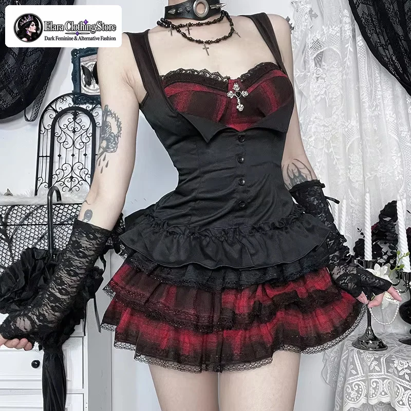 Elara 2026 Gothic Dark Style Cami Top Women Sexy Slim Fit Corset Top Sleeveless Lace Ruffle Hem Tank Top Halloween Streetwear