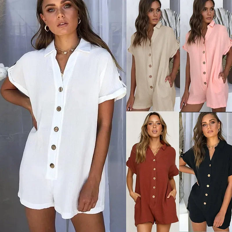 

Fashion Women's Summer Solid Color Lapel Shirt Button Jumpsuit Short-sleeved Blended Low Waist Bohemian Lady Straight Hot Pants