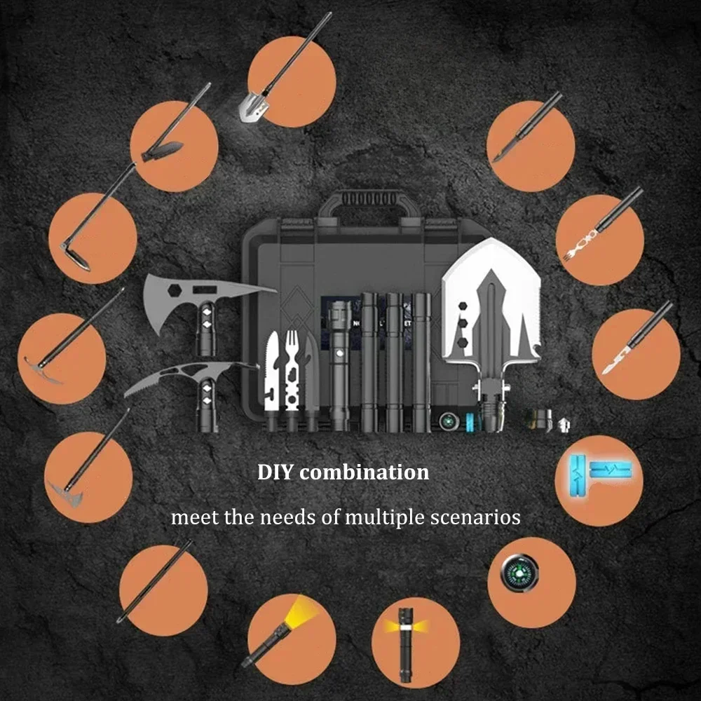 Mehrzweck-Militärschaufel für das Überleben im Freien, Mehrzweck-Axt-Spitzhacke, Schaufel, Kompass und Taschenlampe, Outdoor-Camping-Werkzeug-Set