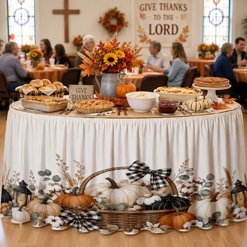 Send a set of tablecloth and table runner (1 piece) for Thanksgiving. Made of polyester. Suitable for autumn harvest.