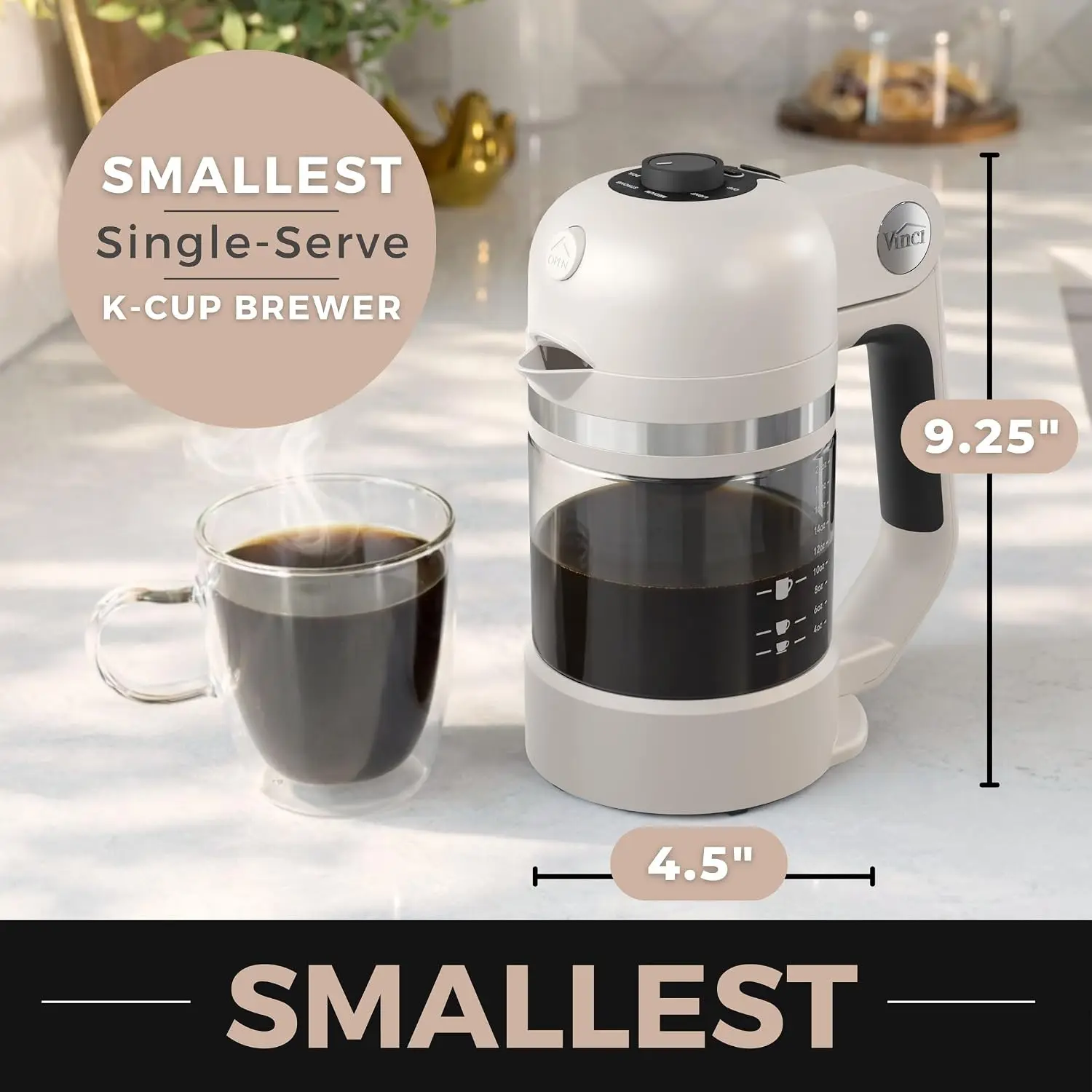 Smallest Single-Serve Coffee Brewer with Glass Carafe - Enclosed Brewing for Hotter Coffee, Compatible with Standard Single-Serv