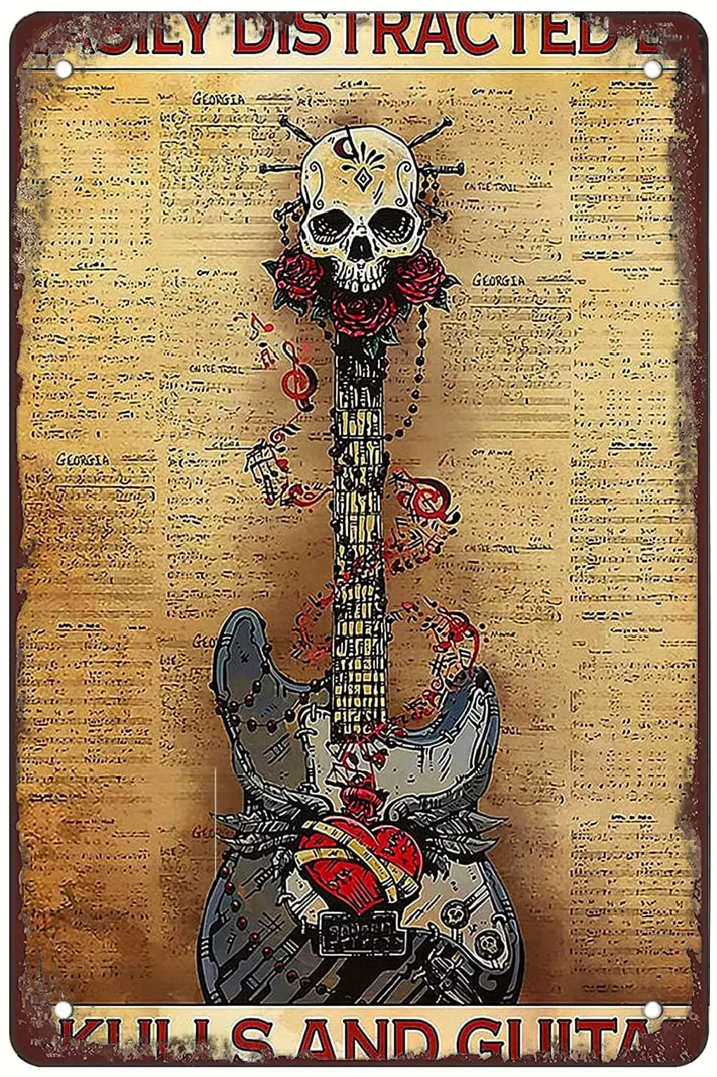 

Easily Distracted By Skull And Guitar Vintage metal Hanging Plaque Wall Decor Man Cave Home Living Room Bar Club Gift 4.9x9.8 In