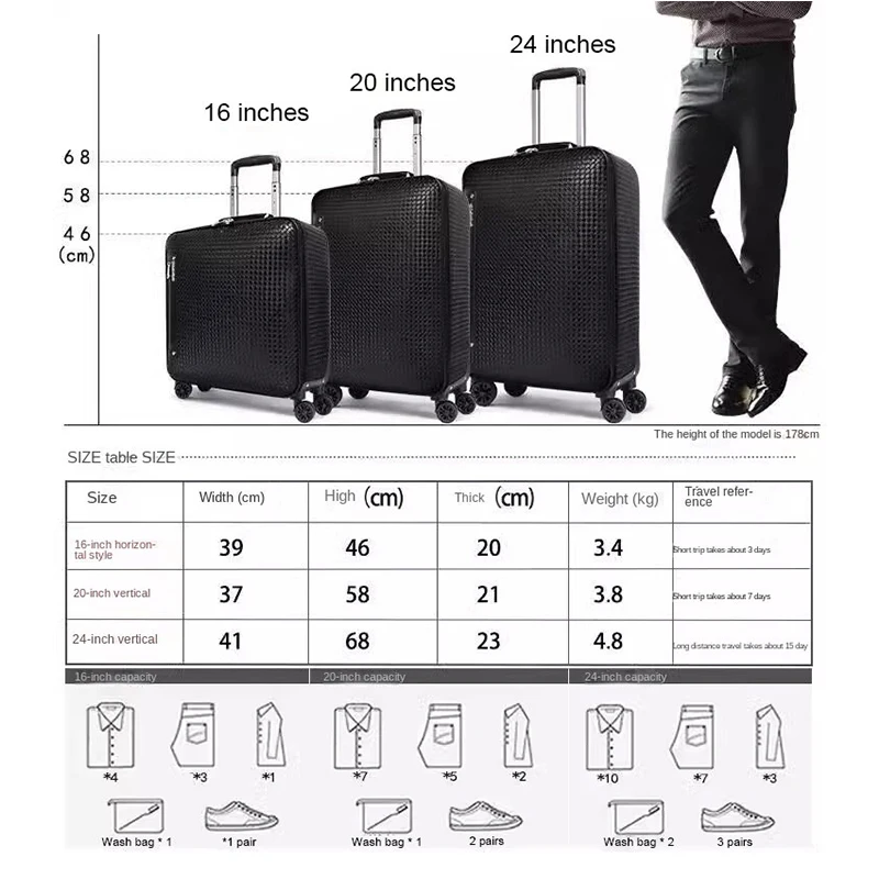 Genuine Leather Trolley Case 20 Inch Men\'s Business Boarding Suitcase Universal Wheel Luggage Bag 16 Inch Woven Pattern Leather