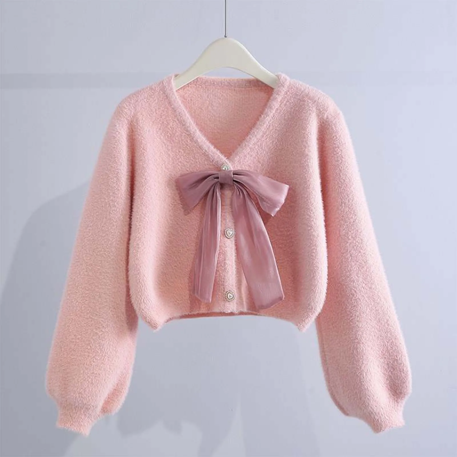 Women's Sweaters Jacket for Women's Autumn Winter 2024 New in Loose Bowknot Knitted Korean Fashion Sweet Pink Cardigan Femme