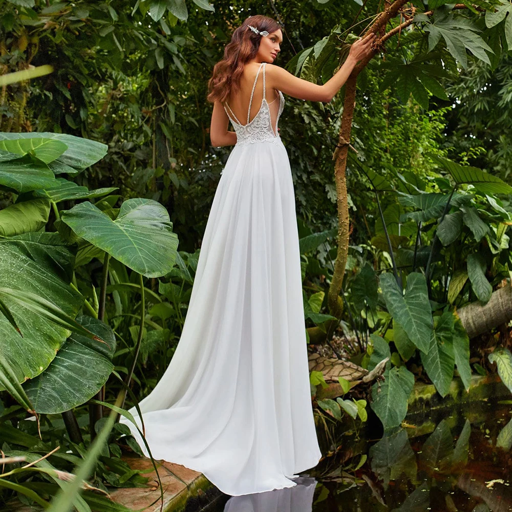 Simple White ivory Chiffon Beach Wedding Gown Spaghetti Straps High Split Bride Dress Vestido de Novia 2023 New Boho Bridal Gown