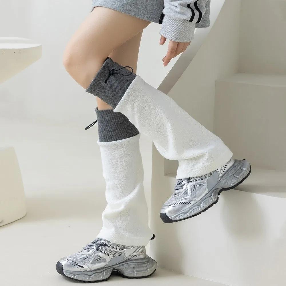 1 pair New Middle Tube Leg Warmers Breathable Adjustable Buckle Foot Cover Gray Spliced Drawstring Closure Calf Socks Women