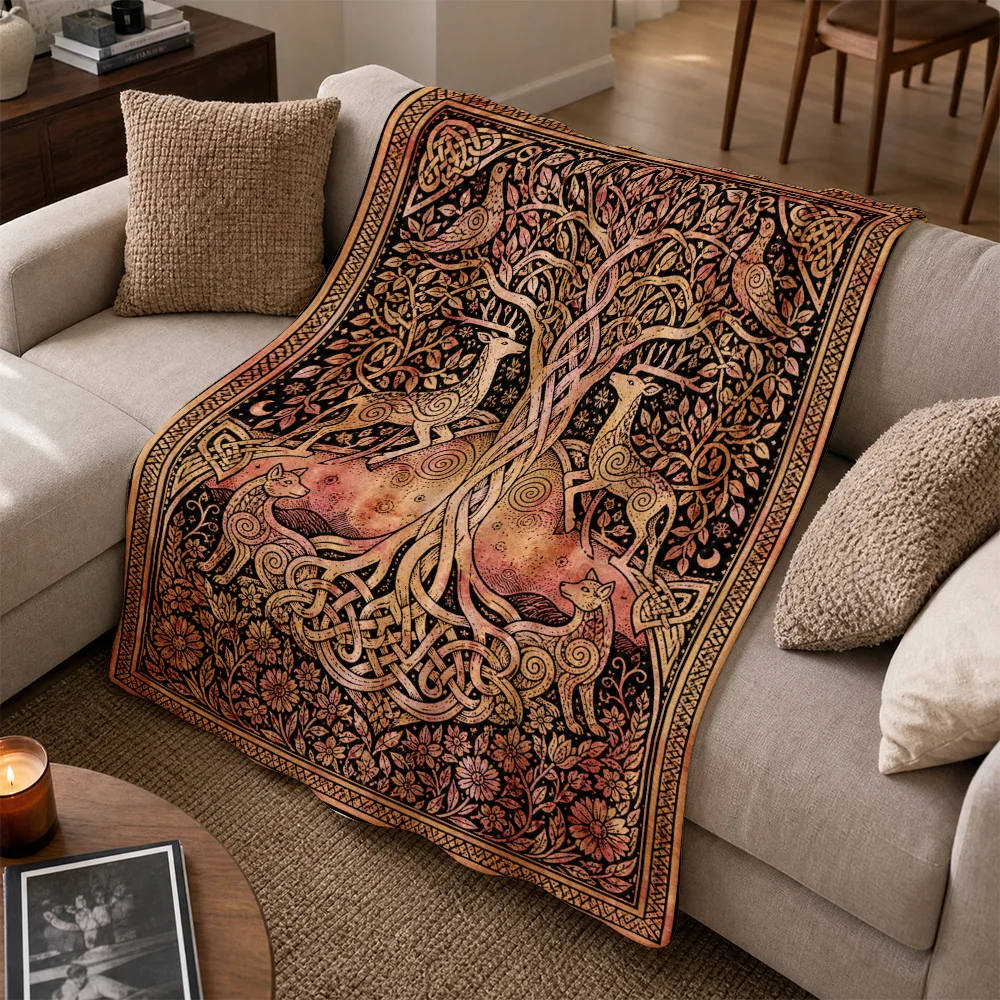 Boho Tree of Life Throw Blanket Sofa Runner Celtic Knotwork Forest Pattern Decorative Tapestry Large Boho Rustic Fall Autumn Hom