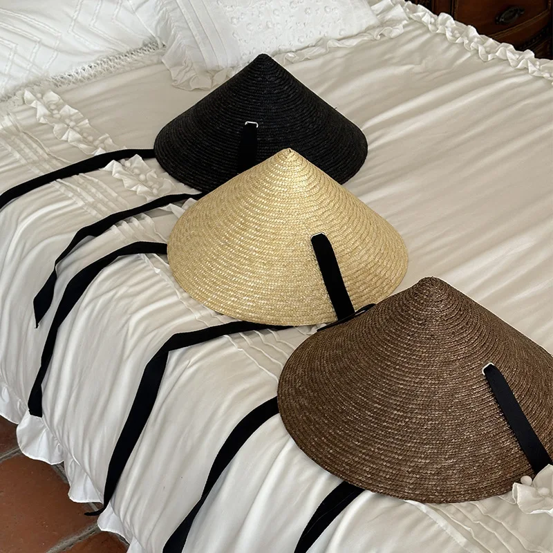 Fashion Vacation Straw Conical Hat Lace-Up Black Band Straw Hat Summer Sun-Shading Retro Pastoral Straw Hat Beach Travel Sun Hat