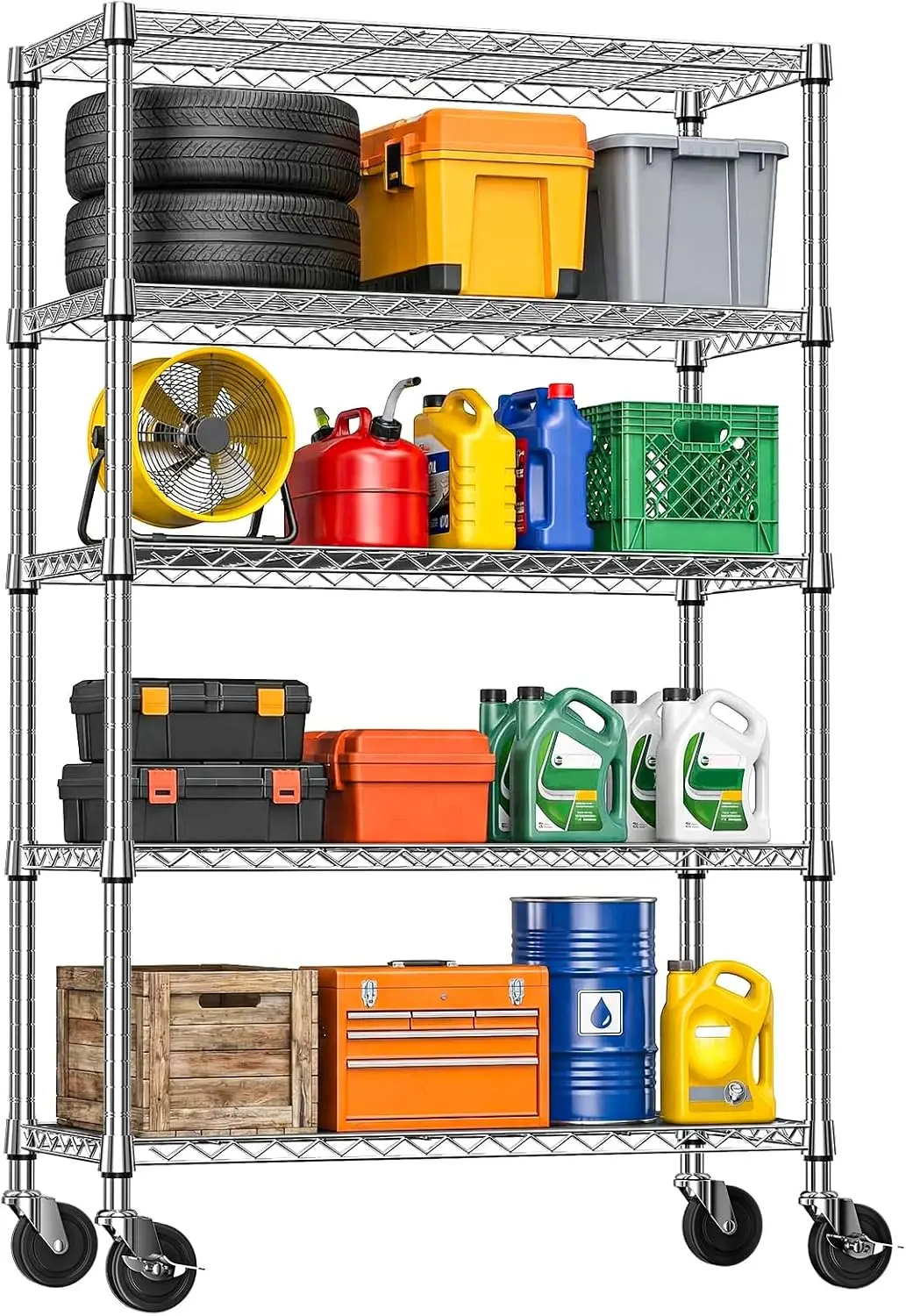 5-Tier Adjustable Steel Wire Storage Shelving Unit with Wheels, 17.7