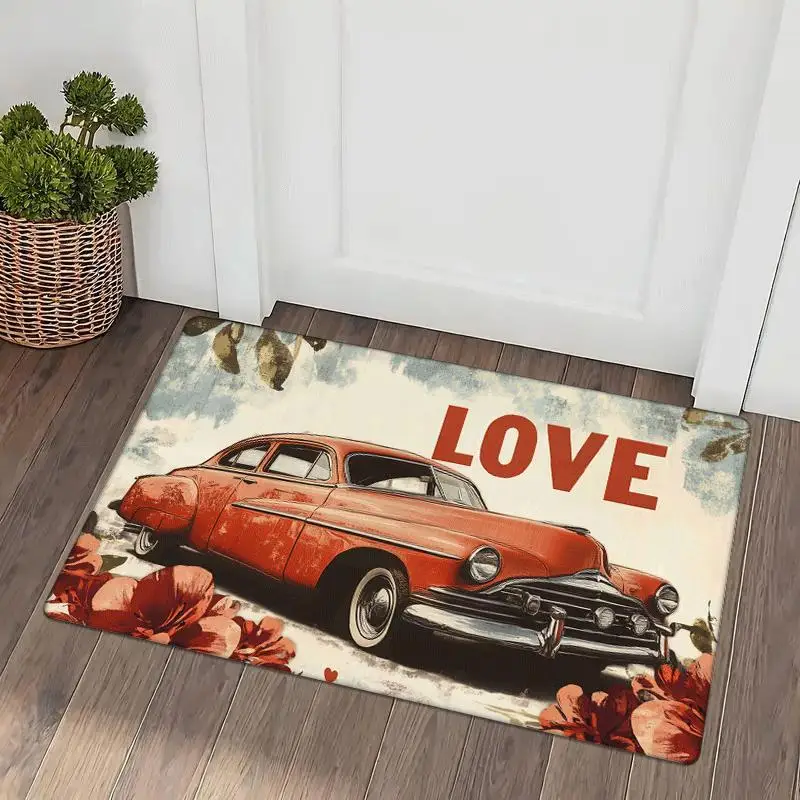 

Vintage Car 'Love' Doormat, Soft Absorbent Fabric - Retro Design for Home Decor, Non-Slip & Machine Washable Entry Mat