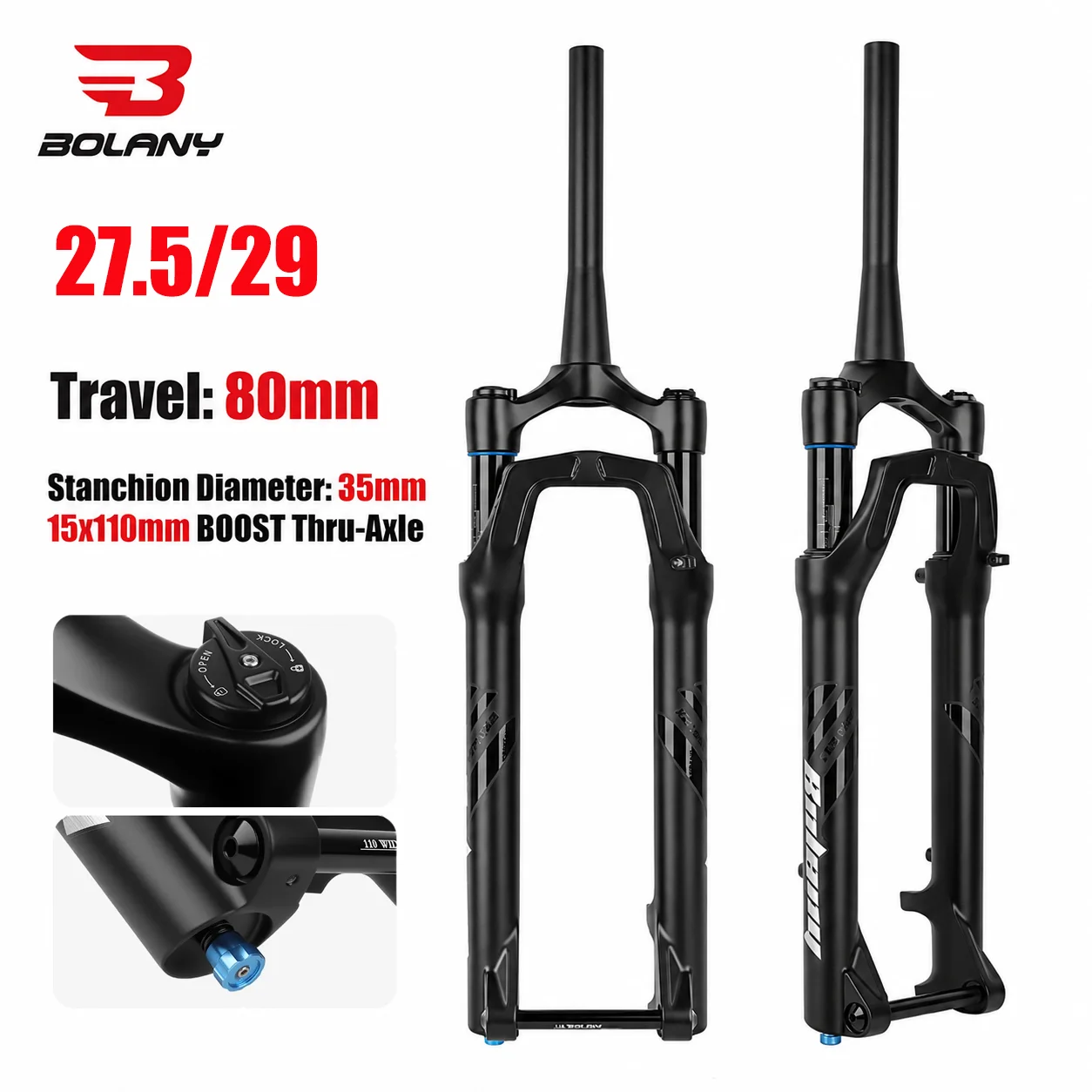 BOLANY MTB Bicycle Air Suspension Front Fork 80mm Travel BOOST Front TA Fork Bicycle Shoulder-Controlled Fork Adjustable Damping