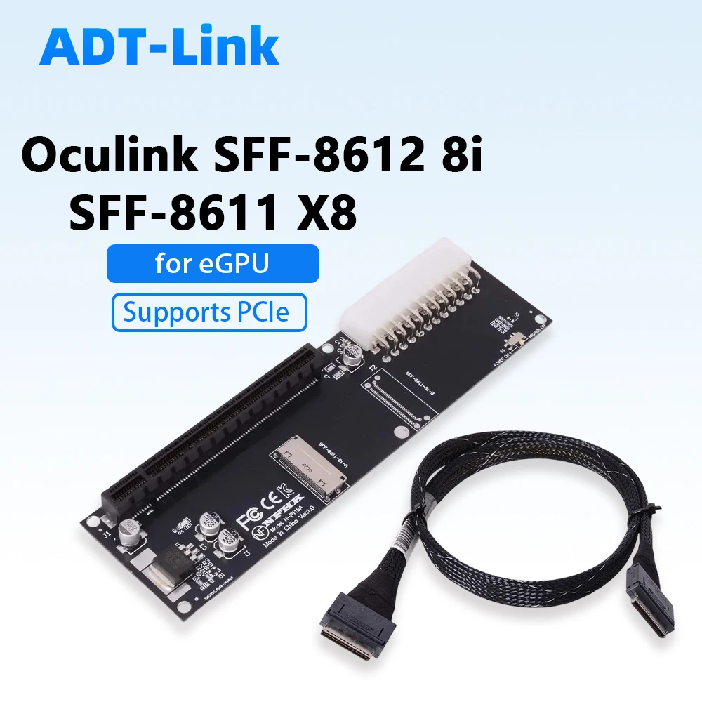 Oculink 8X SFF-8611 SFF-8612 8i To PCIE 4.0 X16 Adapter Card Gen4 External Graphics Card Cable for eGPU Adapter ATX 24 Pin Power