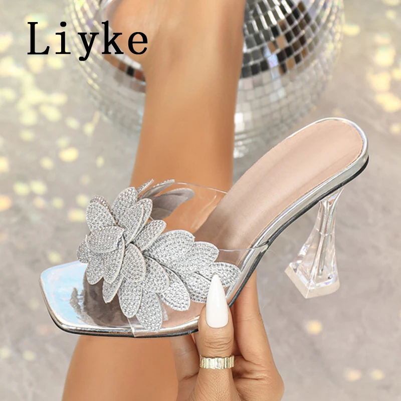 Liyke Vreemde Stijl Heldere Hoge Hakken Transparante Slippers Voor Vrouwen Straat Sexy Strass Vierkante Teen Feestjurk Schoenen Sandalen