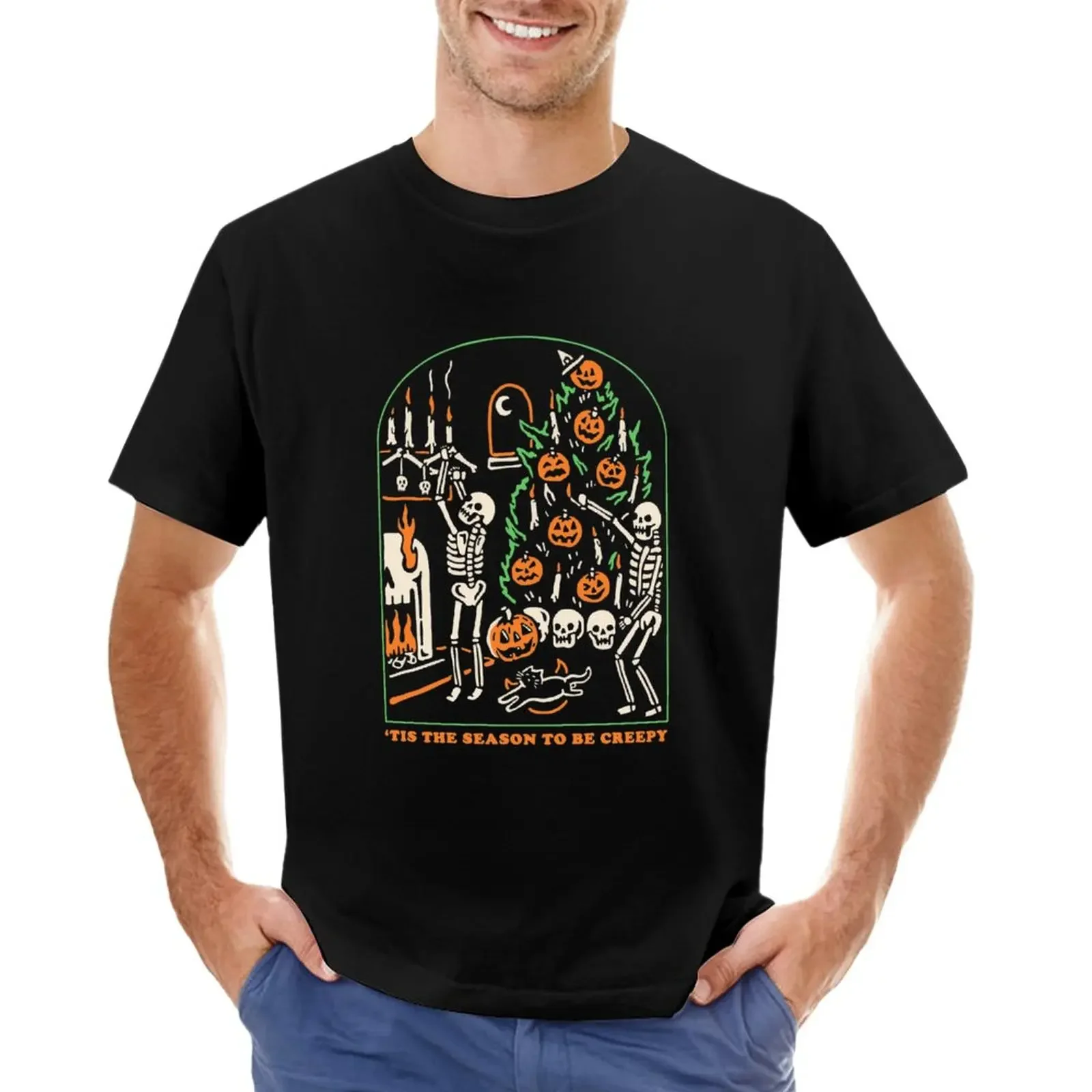 

Tis the season to be creepy skeleton pumpkins halloween T-Shirt aesthetic clothes for a boy plain white t shirts men