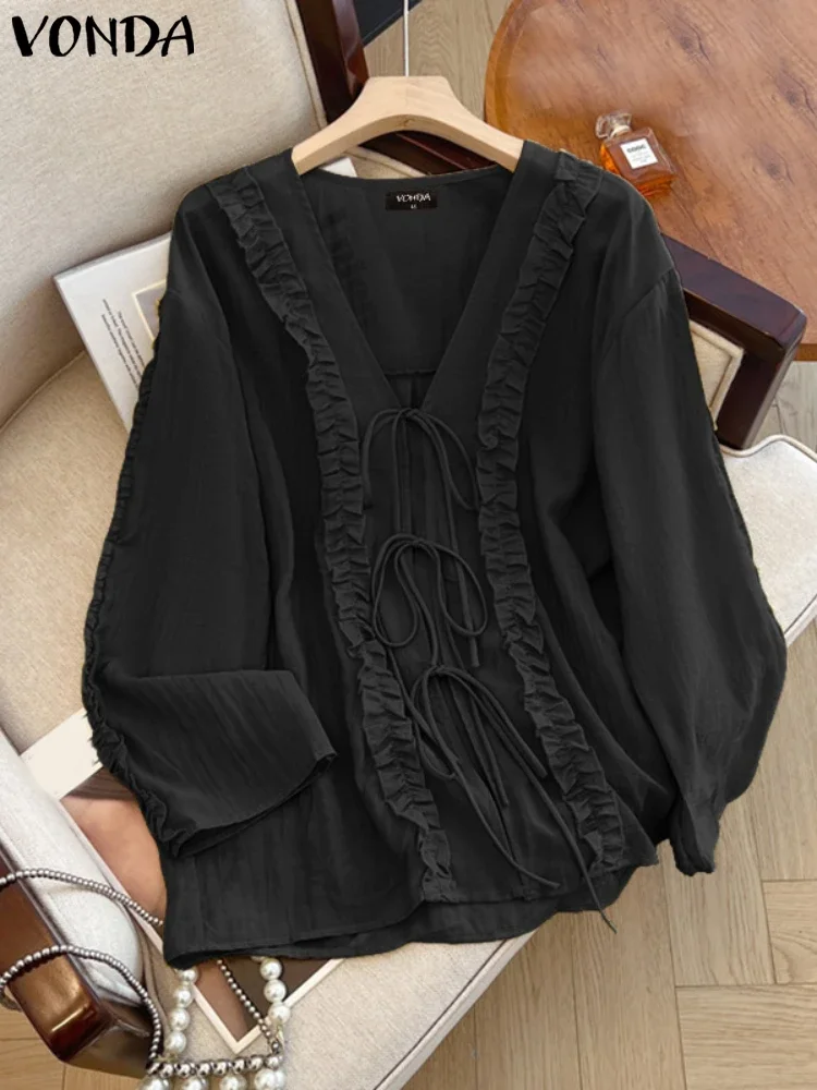VONDA 여성용 쉬폰 롱 가디건 2025 패션 레이스업 커버업 긴 소매 셔츠 캐주얼 루즈 시스루 빈티지 비치 탑