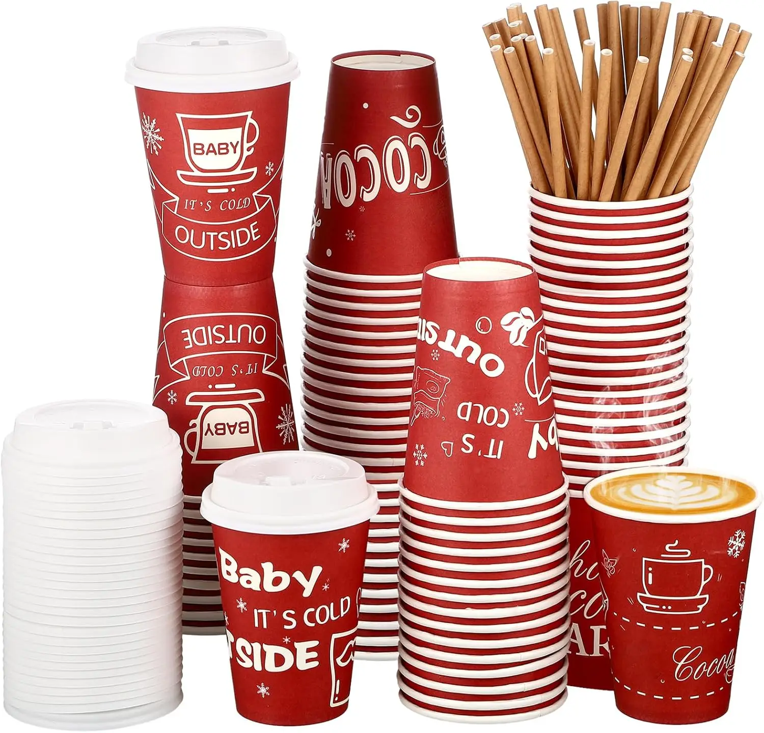 

48 Pcs 12 oz Hot Cocoa Bar Disposable Coffee Cups Christmas It's Cold Outside Tea Paper Cup with Lid and Straw for Chris