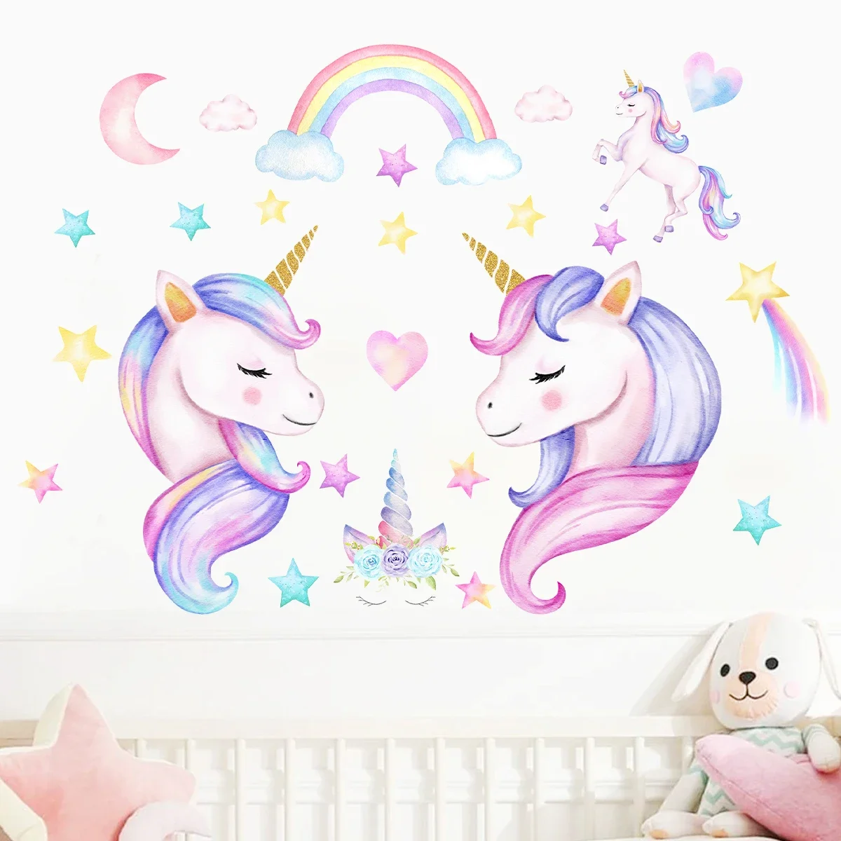 2 قطع الكرتون قوس قزح القمر نجوم يونيكورن ملصقات الحائط لغرفة الأطفال غرفة الاطفال الفتيات غرفة نوم ديكور المنزل جدار الشارات