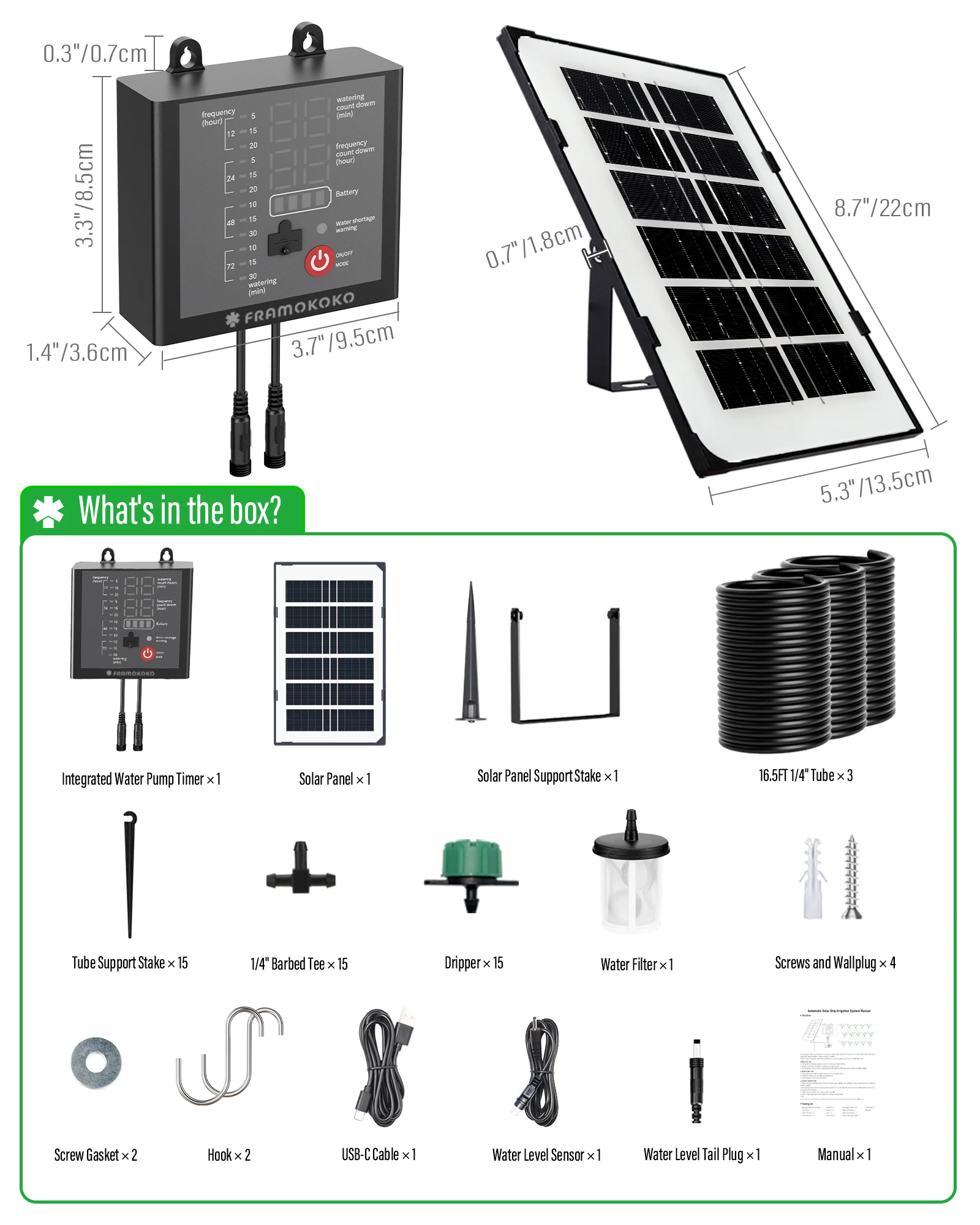 Framokoko Solar Drip Irrigation System, Solar Powered Automatic Watering System for 15 Pot Plants Garden Balcony Indoor Outdoor