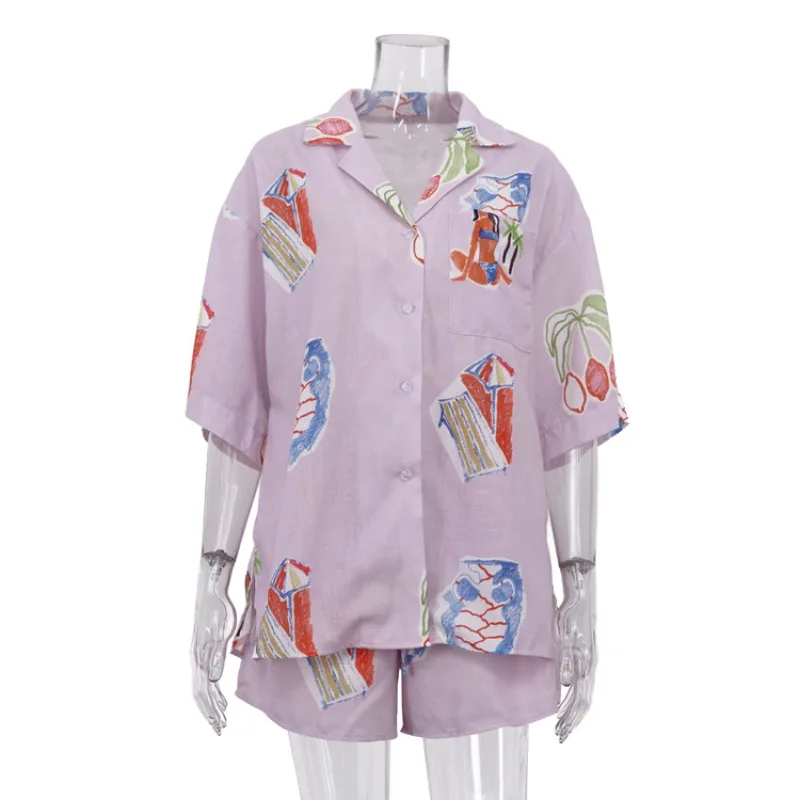 Strandurlaub-Print 2-teiliges Set Sommer Damen Kurzarm-Shirt & Shorts Lässige Leinen Tropische Lockere Loungewear – Detail 2