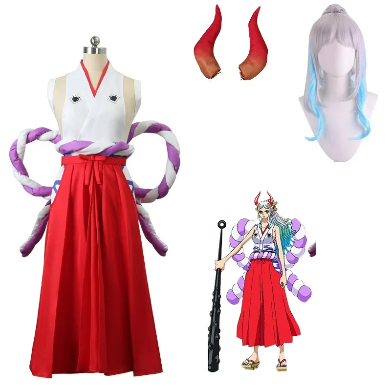 In Stock Yamato Cosplay Costume Wig Hakama Kendo Samurai Kimono Dress Women 6 Pieces Suit Carnival Party Clothes Set