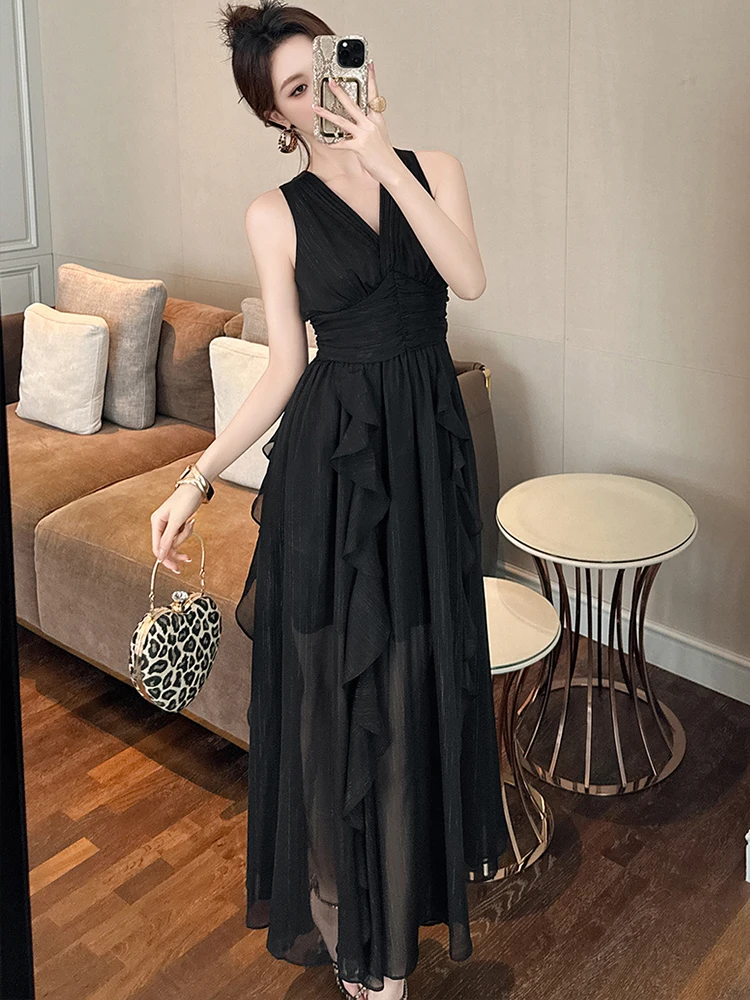 Abbigliamento da donna Vacanza Boho Vestito da festa Femminile Dolce Sheer Birght Seta Increspature Corsetto Pieghettato Abito lungo Vacanza Club Abiti