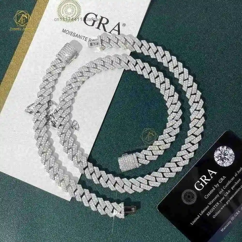 Selling 925 Sterling Silver Hip Hop 10mm 12mm 14mm Iced Out Moissanite Diamond Cuban Link Chain.
