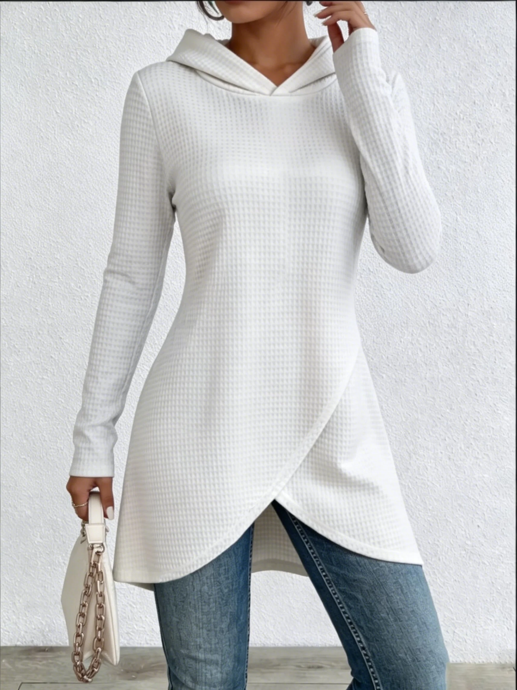 Ladies' fashionable, casual, elegant temperament, skin friendly Waffle solid color hooded women's top