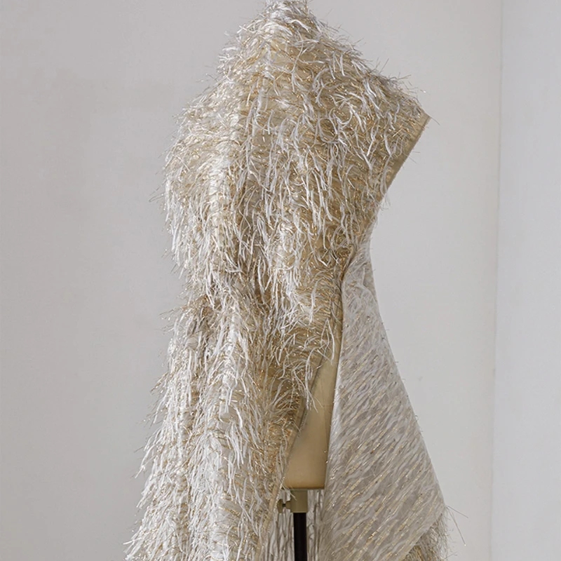 Gold White Feather Tassel Fabric Metallic Yarn Textured Fabric Handmade DIY Wedding Dress Evening Gown Costume Designer Fabric view 2