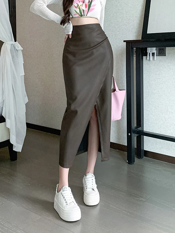 

Women's Asymmetrical Pleated Skirt PU Leather High Waist A-Line Skirt Spring Autumn Winter New Design Slimming Skirt