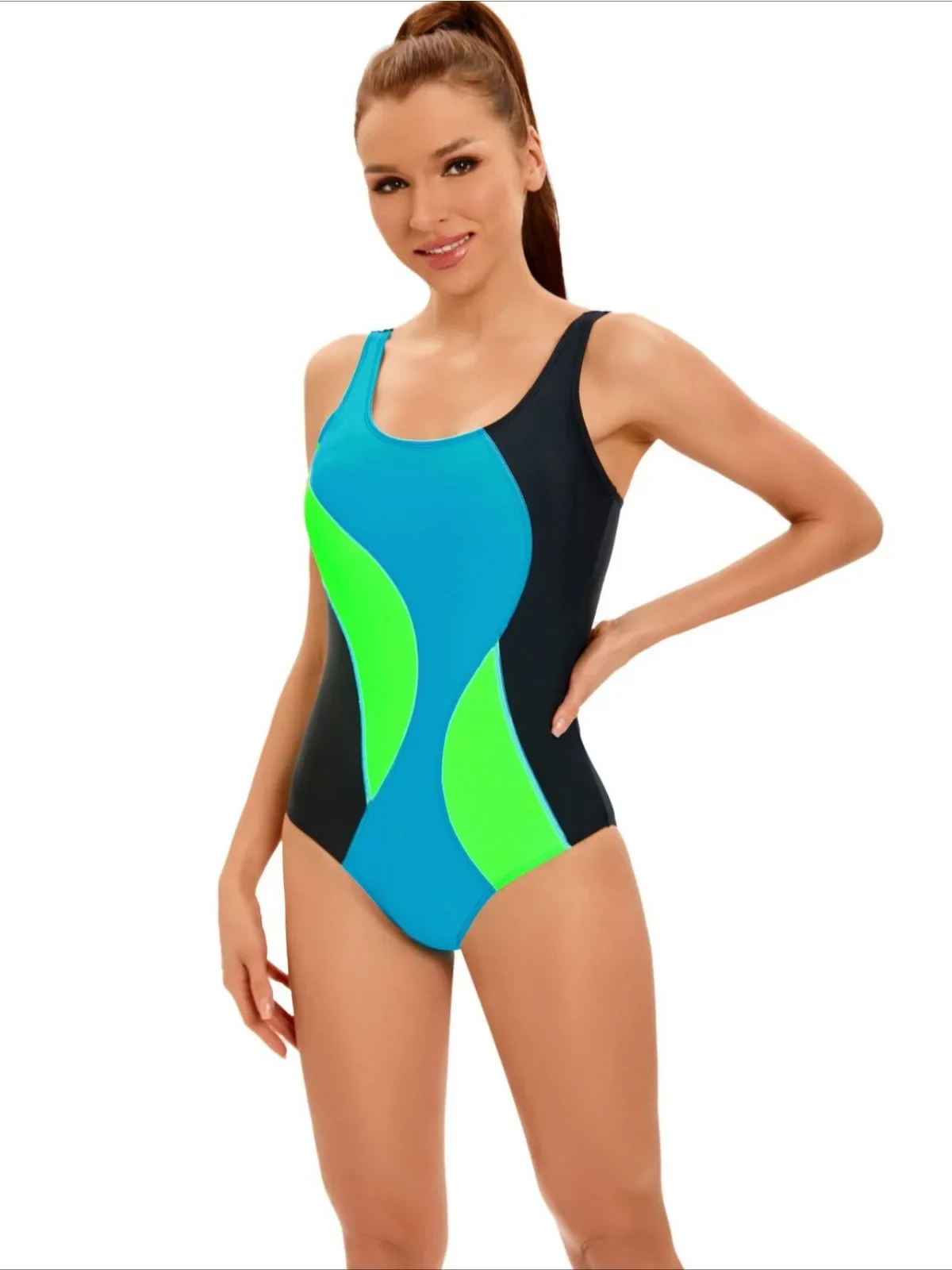Traje de baño deportivo de retales 2025 para mujer, traje de baño conservador de una pieza, Monokini sin espalda con tirantes y cuello en U, traje de baño para playa