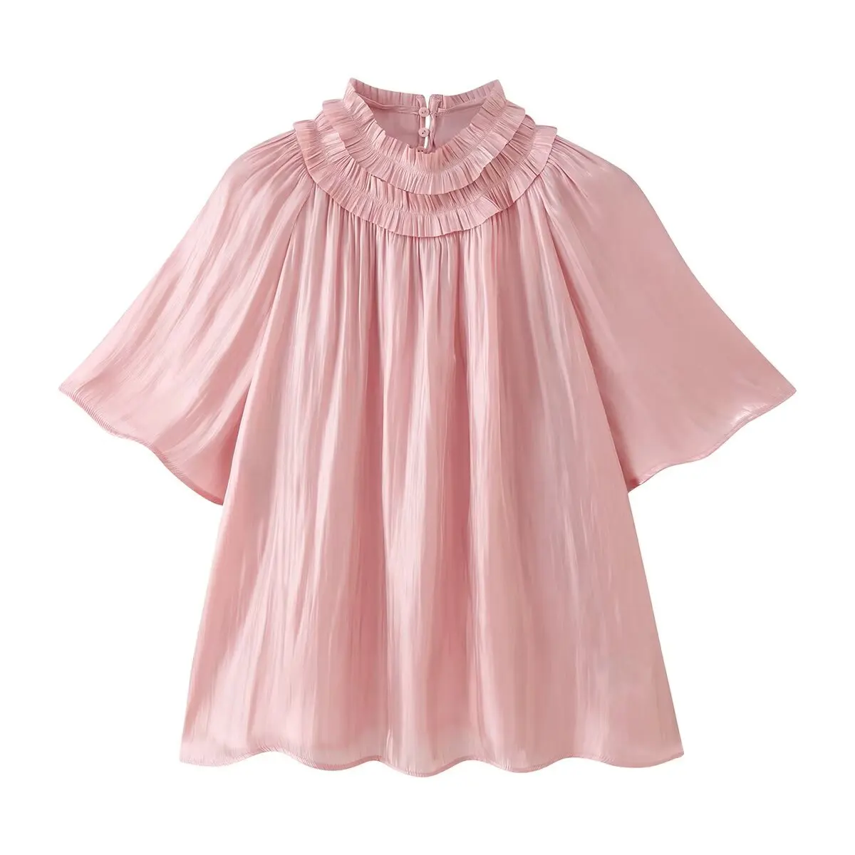 DUOPERI Women Solid Double‑Layer Ruffled Mock Neck Blouse Flare Mid‑Sleeve Top Female Chic Lady Sweet Casual Shirt - view 2