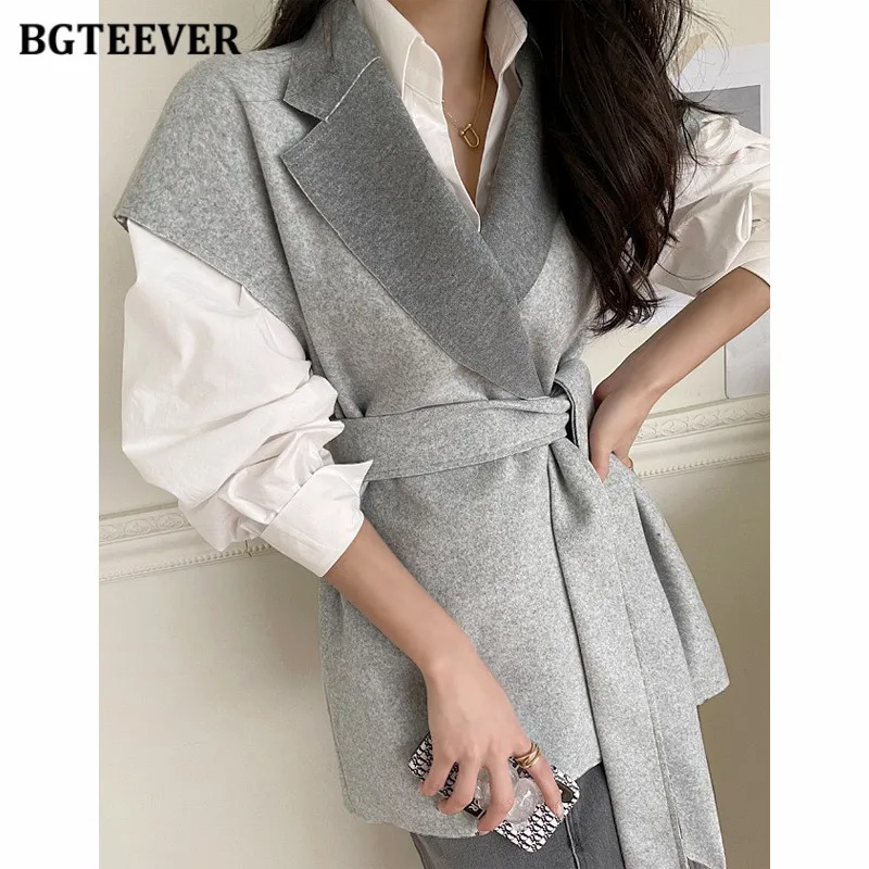 

BGTEEVER Stylish Lapel Female Woolen Vest Elegant Loose Lace-up Sleeveless Women Blend Jackets Autumn Winter Outwear Coats