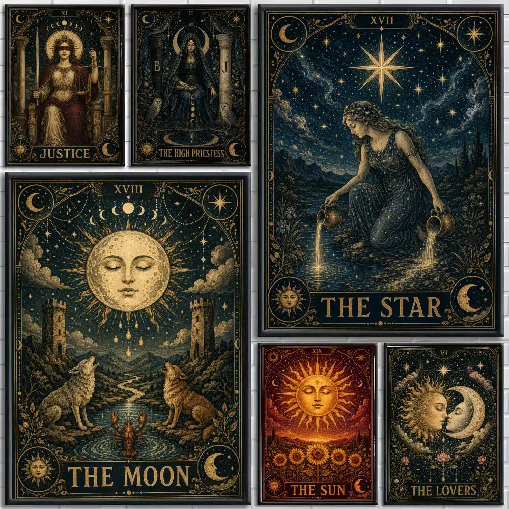 Pattern Sun Moon Tarot Poster Self-Adhesive HD Mural Wall Decals, Living Room Bedroom Home Decor Gift