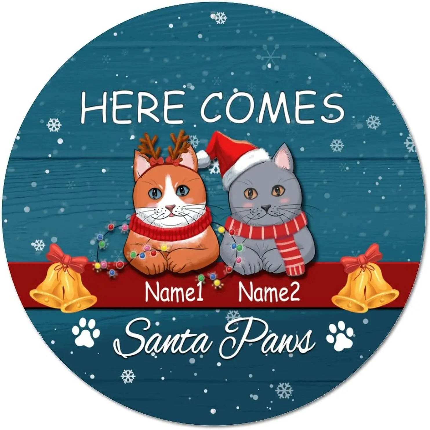 Round Metal Sign Custom Cat Name Here Comes Santa Paws Classic Room Home Sign Vintage Circle Wreath Sign Metal Poster